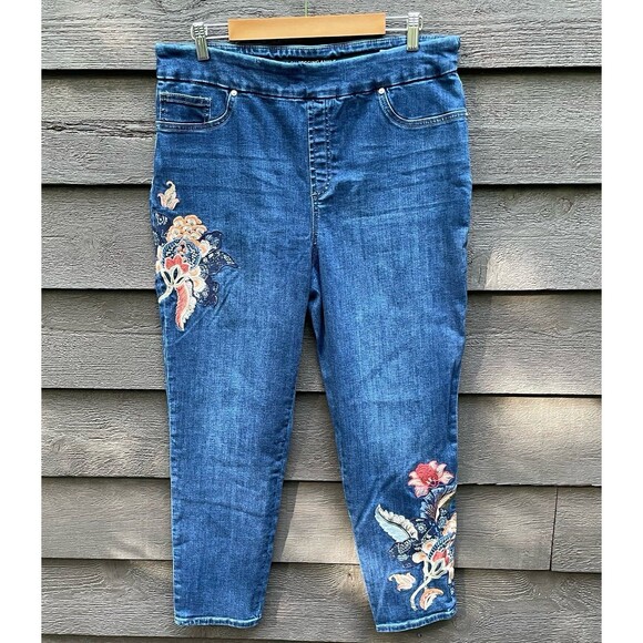 Chico's Denim - Chico’s 2.5 Pull On Jegging Ankle Jean Floral Embroidery Stretch Denim Sz 14R